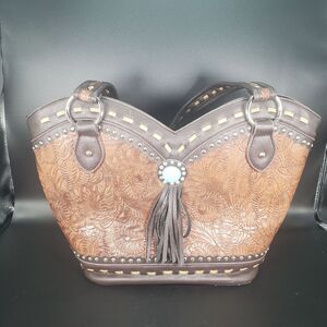 Western Tooled Brown Tote Bag w/ Turquoise Concho & Fringe – Shoulder Purse